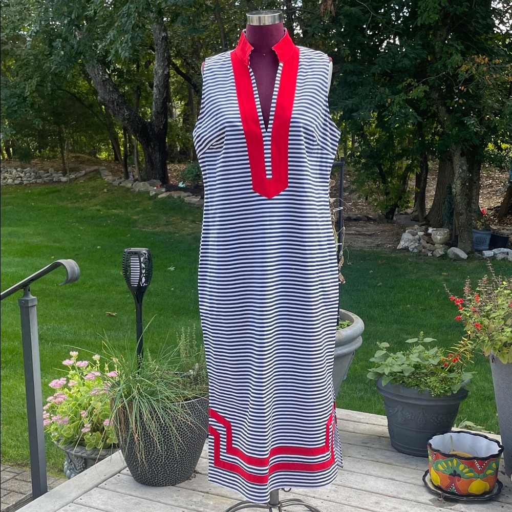 Reduced!!!Sail to Sable Navy & White Striped Maxi Dress with Red Trim